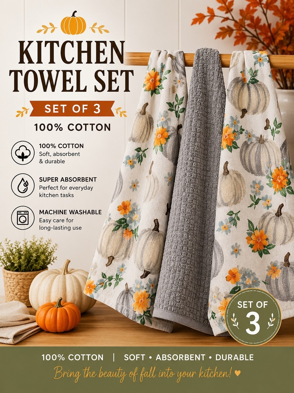 Kitchen Towel Set of 3 - Gray and Cream Cotton Dish Towels